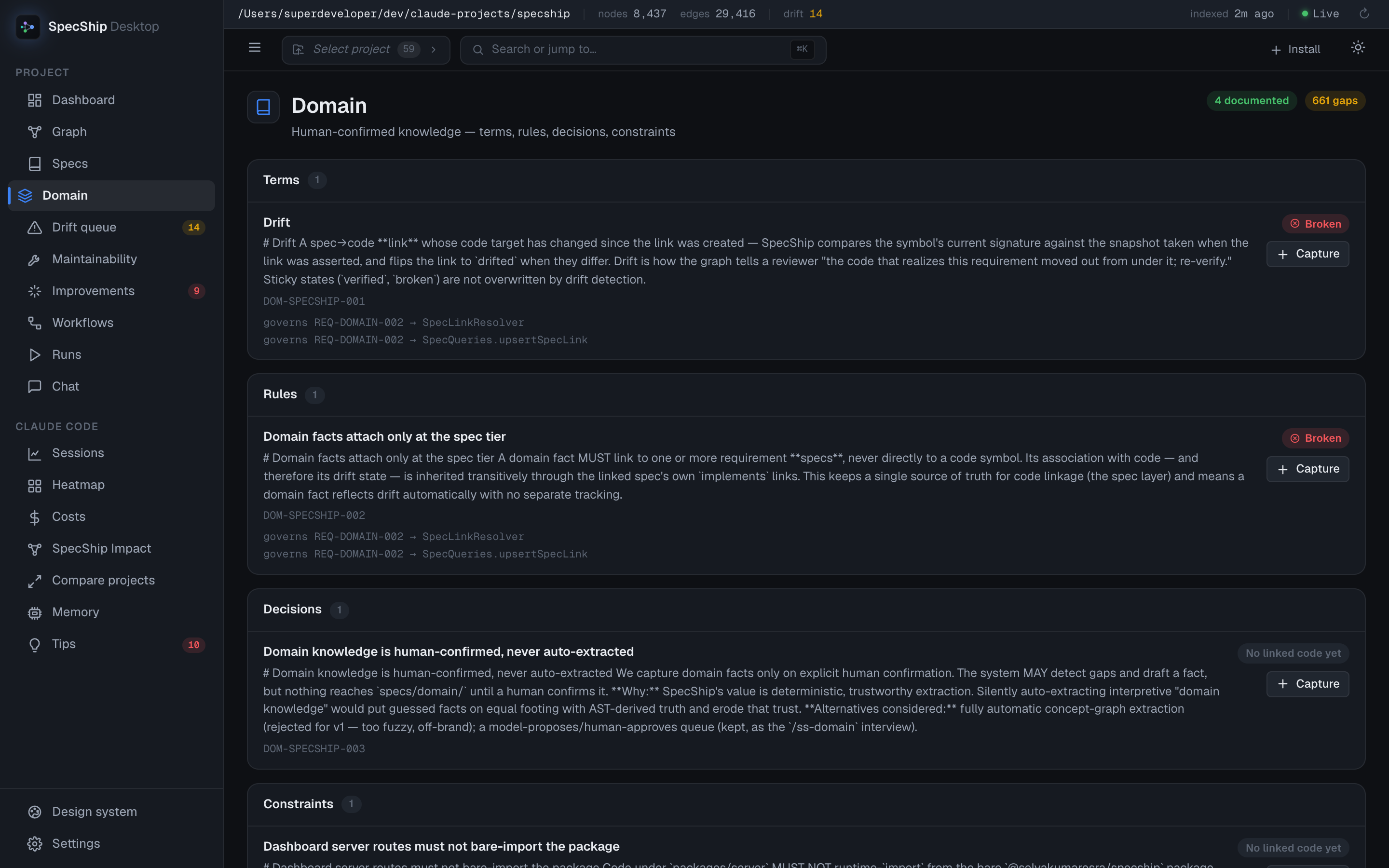 SpecShip Desktop — the Domain page: facts grouped by type (terms, rules, decisions, constraints) with a coverage strip and the specs each one governs